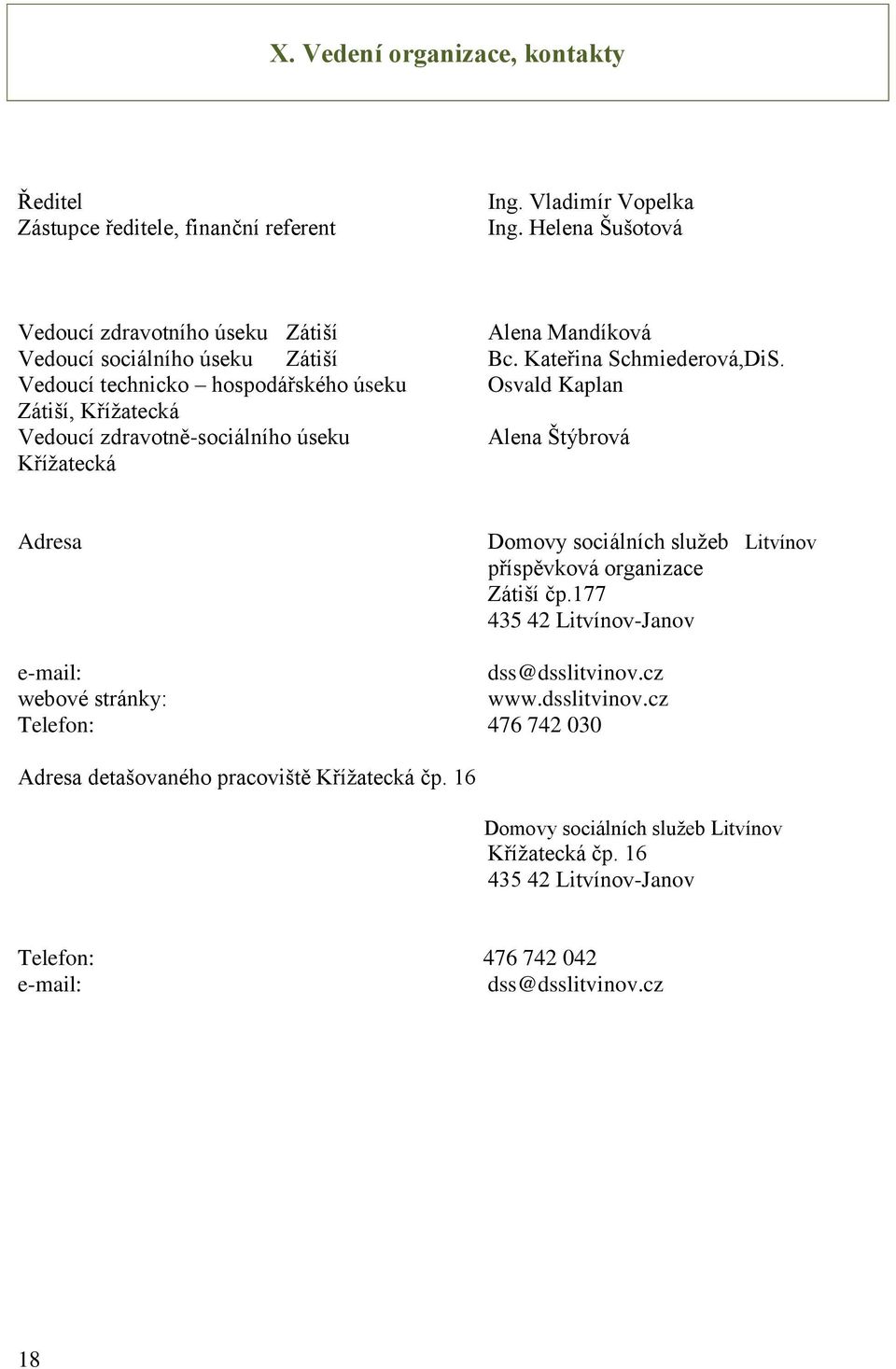 Vedoucí technicko hospodářského úseku Osvald Kaplan Zátiší, Křížatecká Vedoucí zdravotně-sociálního úseku Alena Štýbrová Křížatecká Adresa Domovy sociálních služeb Litvínov