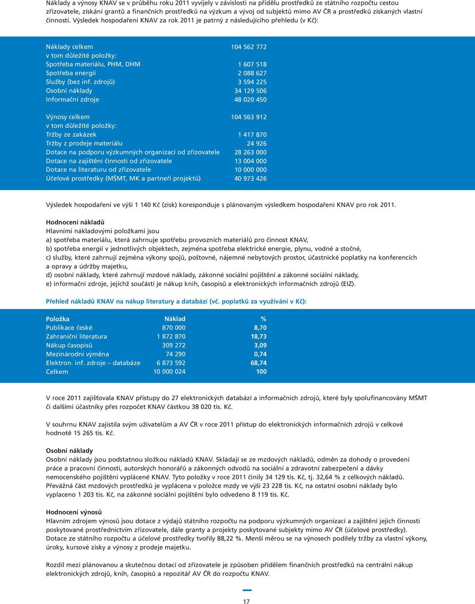 Výsledek hospodaření KNAV za rok 2011 je patrný z následujícího přehledu (v Kč): Náklady celkem v tom důležité položky: Spotřeba materiálu, PHM, DHM Spotřeba energií Služby (bez inf.