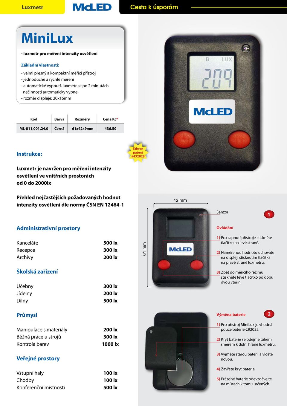 0 Černá 61x42x9mm 436,50 Instrukce: Taiwan patent #432828 Luxmetr je navržen pro měření intenzity ve vnitřních prostorách od 0 do 2000lx Přehled nejčastějších požadovaných hodnot intenzity dle normy
