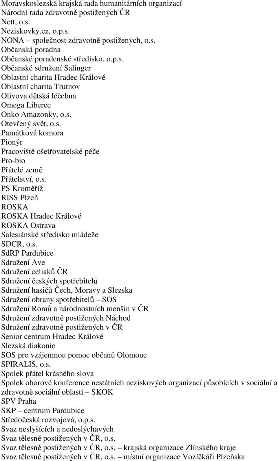 s. PS Kroměříž RISS Plzeň ROSKA ROSKA Hradec Králové ROSKA Ostrava Salesiánské středisko mládeže SDCR, o.s. SdRP Pardubice Sdružení Ave Sdružení celiaků ČR Sdružení českých spotřebitelů Sdružení