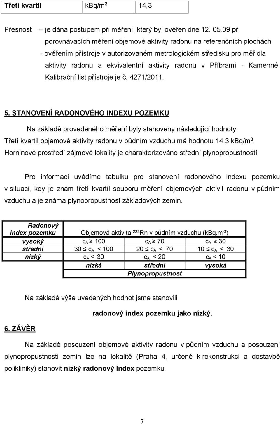 Příbrami - Kamenné. Kalibrační list přístroje je č. 4271/2011. 5.