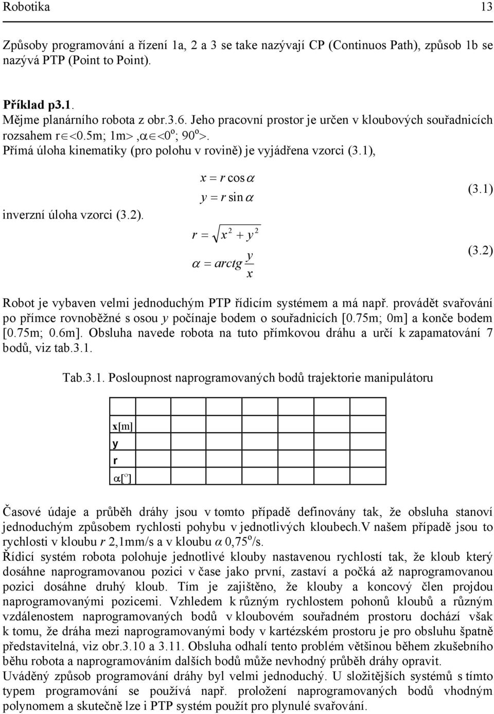 x = r oα y = r inα r = x 2 + α = artg y y x 2 (3.) (3.2) Robot je vybaven velmi jednoduhým PTP řídiím ytémem a má např. provádět vařování po příme rovnoběžné oou y počínaje bodem o ouřadniíh [.