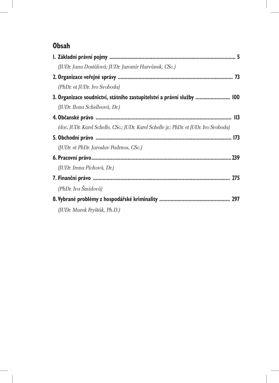 Karel Schelle, CSc.; JUDr. Karel Schelle jr.; PhDr. et JUDr. Ivo Svoboda) 5. Obchodní právo... 173 (JUDr. et PhDr. Jaroslav Padrnos, CSc.) 6.