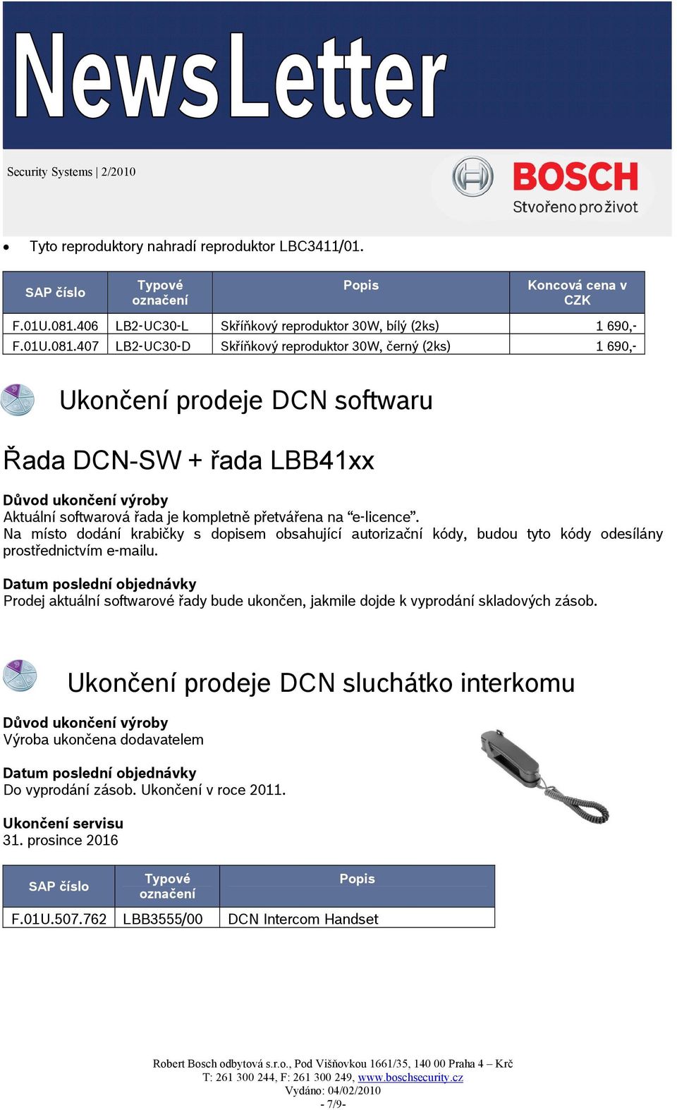 407 LB2-UC30-D Skříňkový reproduktor 30W, černý (2ks) 1 690,- Ukončení prodeje DCN softwaru Řada DCN-SW + řada LBB41xx Důvod ukončení výroby Aktuální softwarová řada je kompletně přetvářena na