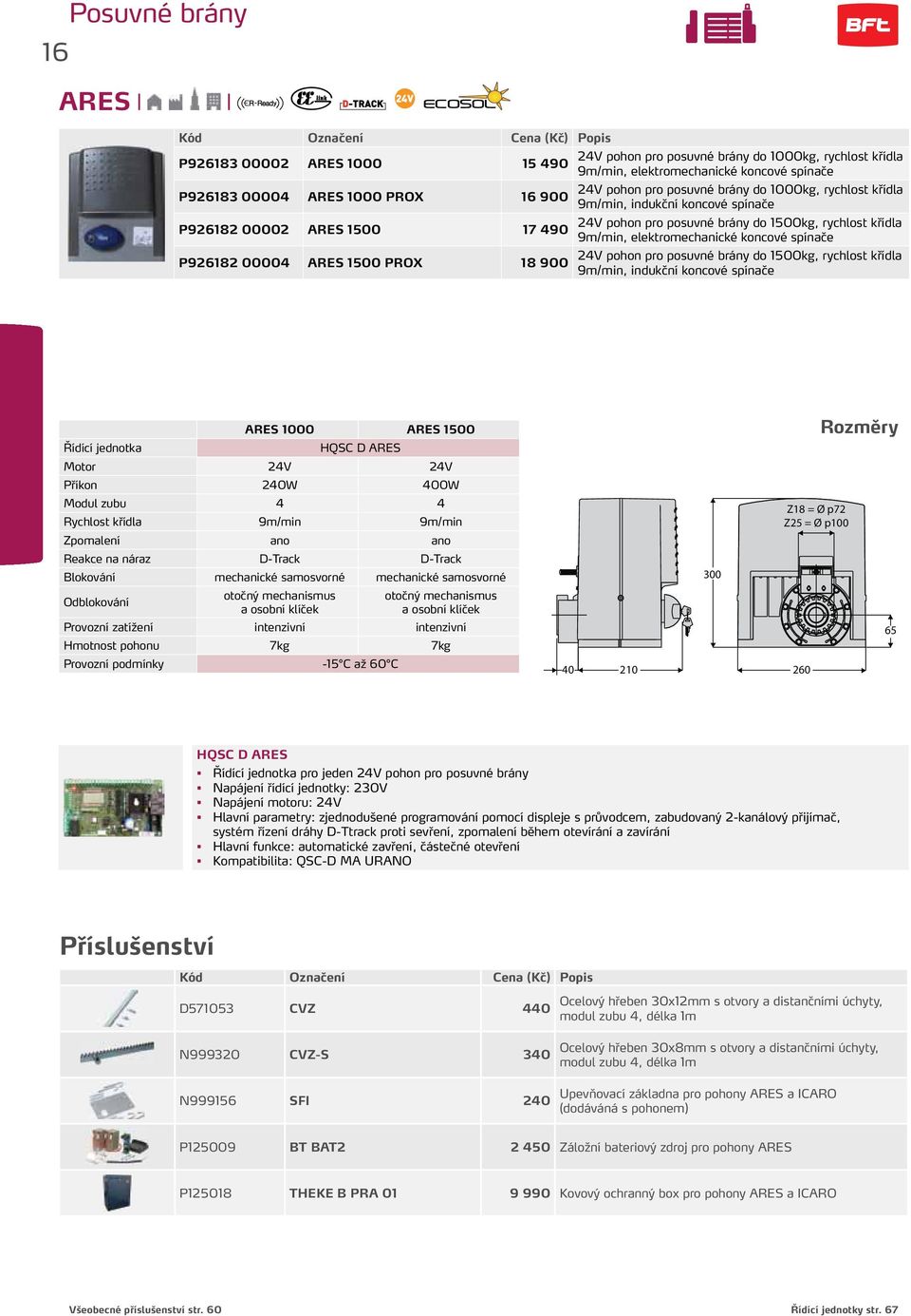 křídla 9m/min, elektromechanické koncové spínače 24V pohon pro posuvné brány do 1500kg, rychlost křídla 9m/min, indukční koncové spínače ARES 1000 ARES 1500 Řídící jednotka HQSC D ARES Motor 24V 24V