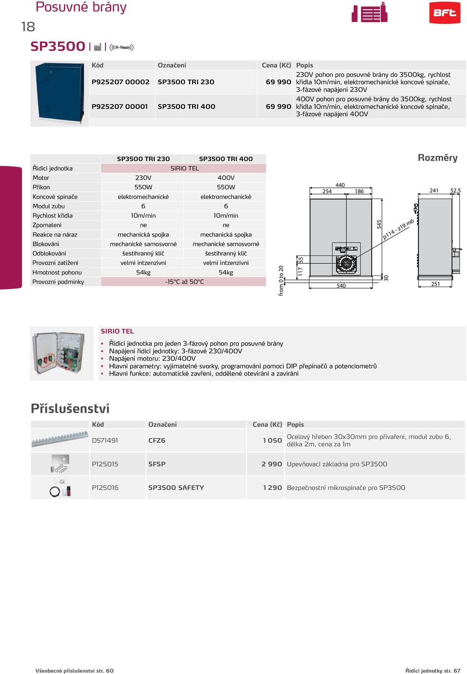 TEL Motor 230V 400V Příkon 550W 550W Koncové spínače elektromechanické elektromechanické Modul zubu 6 6 Rychlost křídla 10m/min 10m/min Zpomalení ne ne Reakce na náraz mechanická spojka mechanická