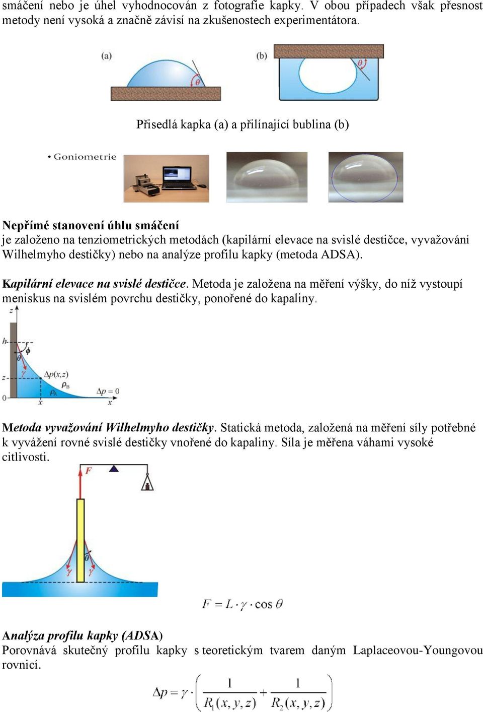 analýze profilu kapky (metoda ADSA). Kapilární elevace na svislé destičce. Metoda je založena na měření výšky, do níž vystoupí meniskus na svislém povrchu destičky, ponořené do kapaliny.