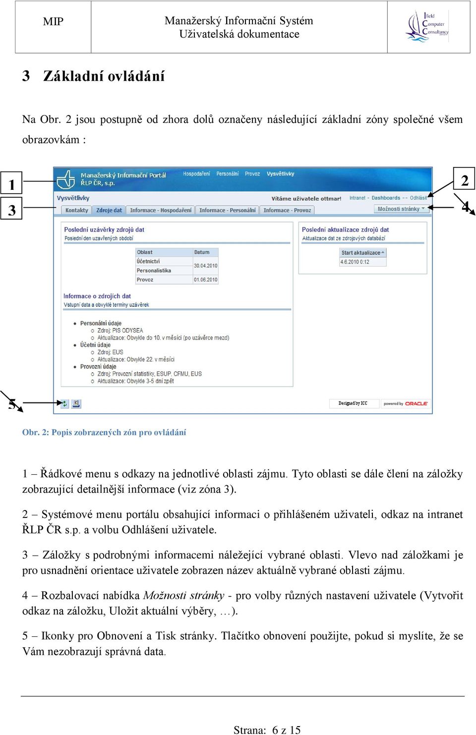 2 Systémové menu portálu obsahující informaci o přihlášeném uživateli, odkaz na intranet ŘLP ČR s.p. a volbu Odhlášení uživatele. 3 Záložky s podrobnými informacemi náležející vybrané oblasti.