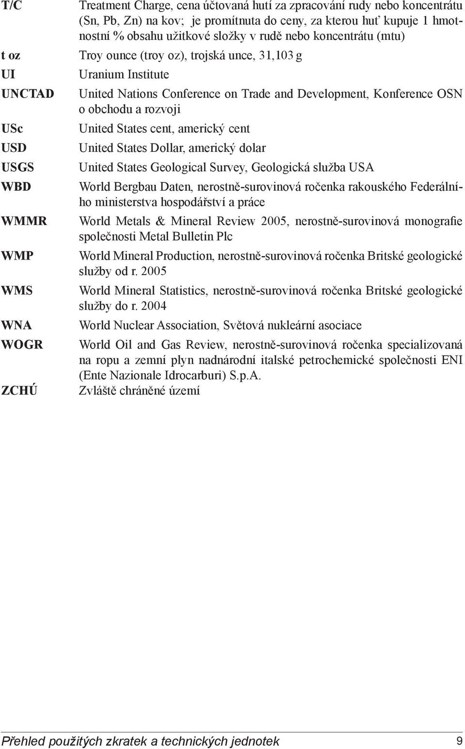 Konference OSN o obchodu a rozvoji United States cent, americký cent United States Dollar, americký dolar United States Geological Survey, Geologická služba USA World Bergbau Daten,