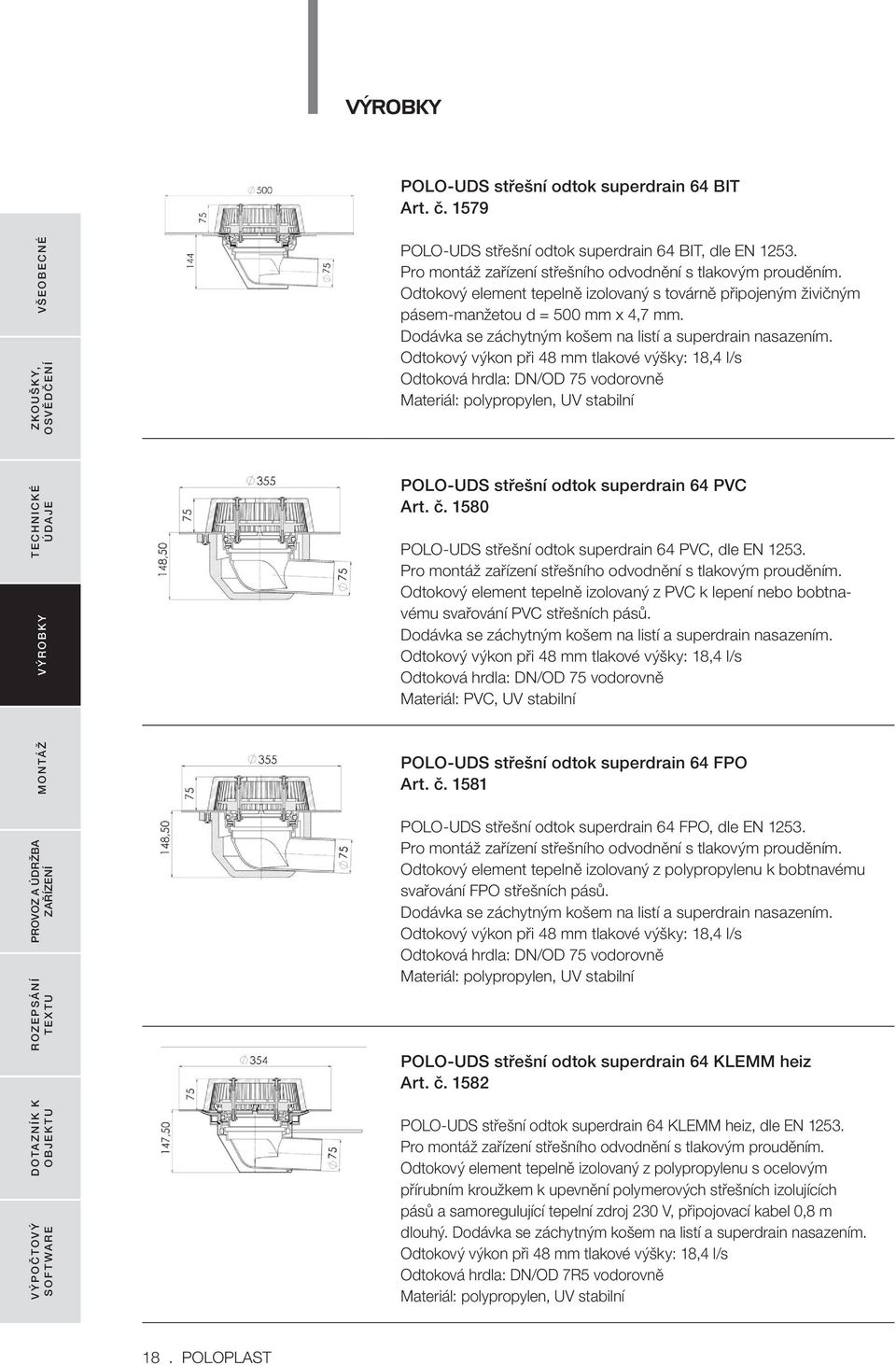 Odtokový výkon při 48 mm tlakové výšky: 18,4 l/s Odtoková hrdla: DN/OD 75 vodorovně POLO-UDS střešní odtok superdrain 64 PVC Art. č. 1580 POLO-UDS střešní odtok superdrain 64 PVC, dle EN 1253.