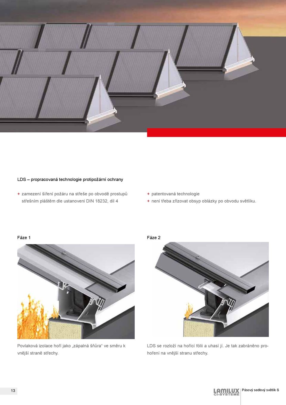 po obvodu světlíku. Fáze 1 Fáze 2 Povlaková izolace hoří jako zápalná šňůra ve směru k vnější straně střechy.