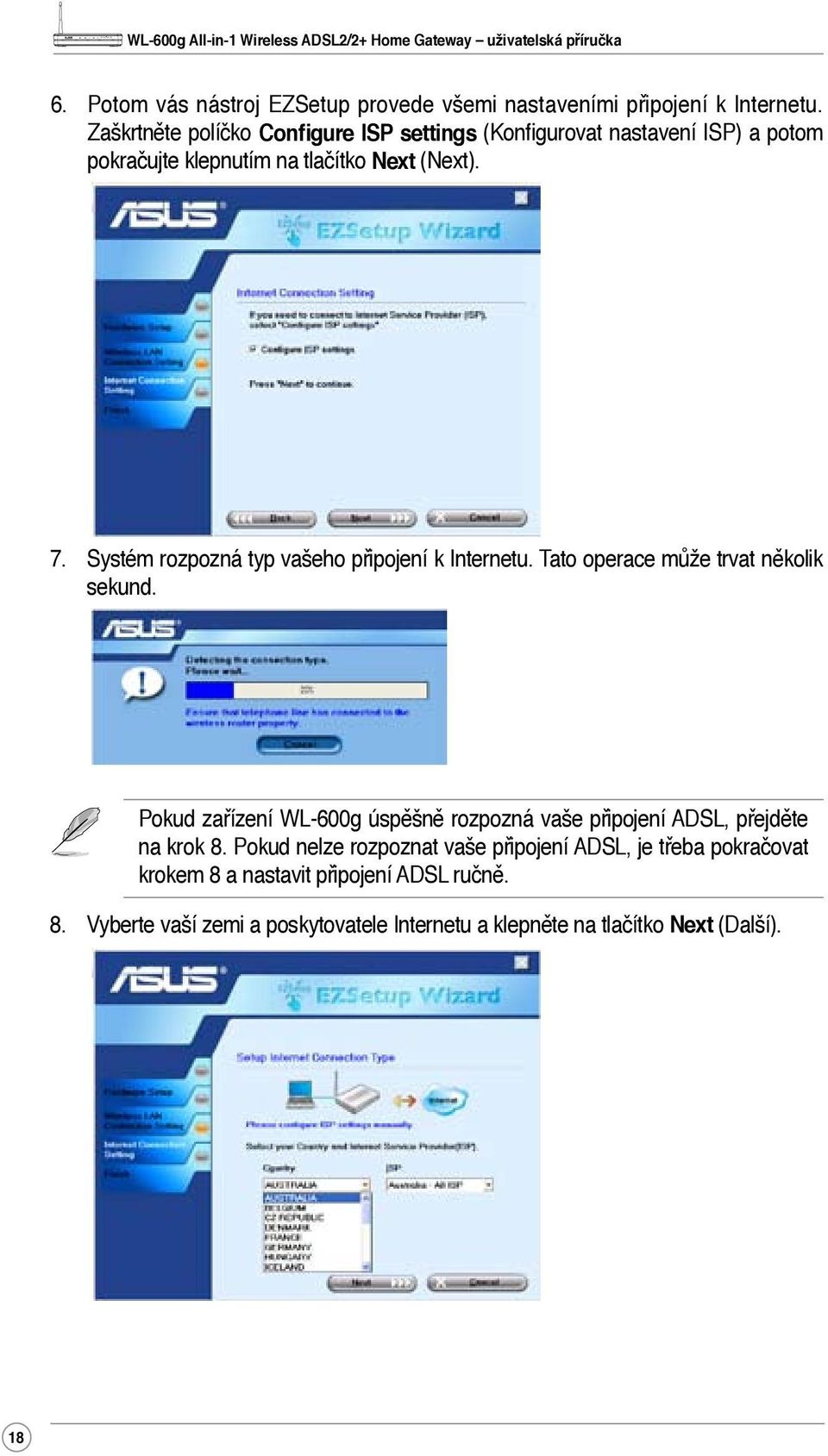 Systém rozpozná typ vašeho připojení k Internetu. Tato operace může trvat několik sekund.