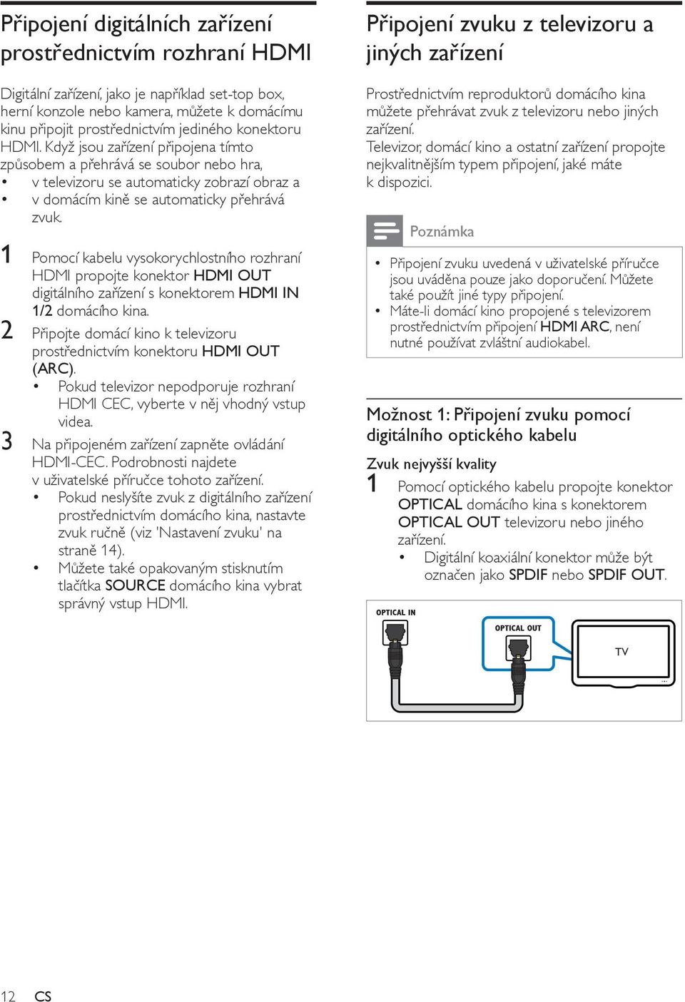 1 Pomocí kabelu vysokorychlostního rozhraní HDMI propojte konektor HDMI OUT digitálního zařízení s konektorem HDMI IN 1/2 domácího kina.