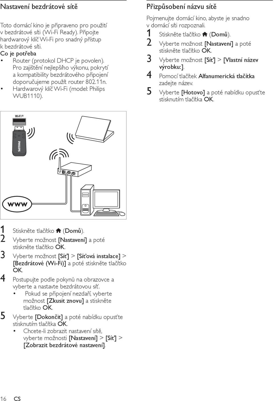 Hardwarový klíč Wi-Fi (model: Philips WUB1110). Přizpůsobení názvu sítě Pojmenujte domácí kino, abyste je snadno v domácí síti rozpoznali. 1 Stiskněte tlačítko (Domů).