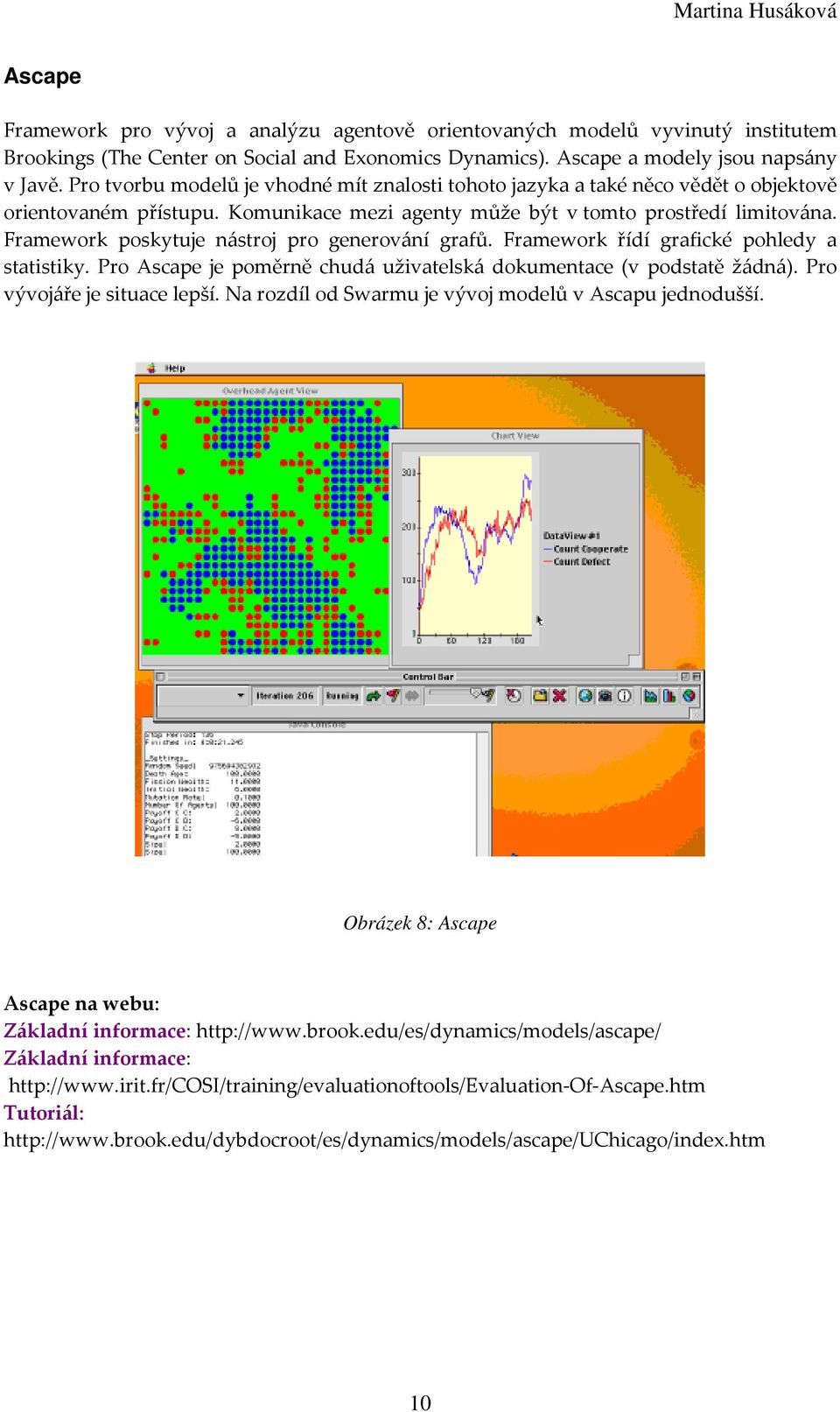 Framework poskytuje nástroj pro generování grafů. Framework řídí grafické pohledy a statistiky. Pro Ascape je poměrně chudá uživatelská dokumentace (v podstatě žádná). Pro vývojáře je situace lepší.