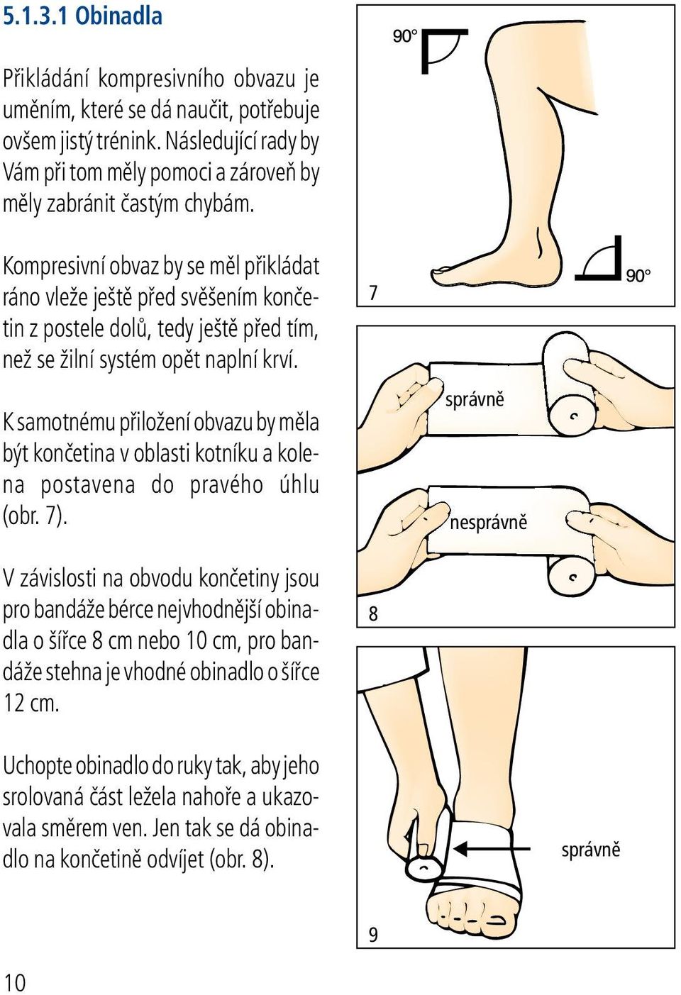 K samotnému přiložení obvazu by měla být končetina v oblasti kotníku a kolena postavena do pravého úhlu (obr. 7).