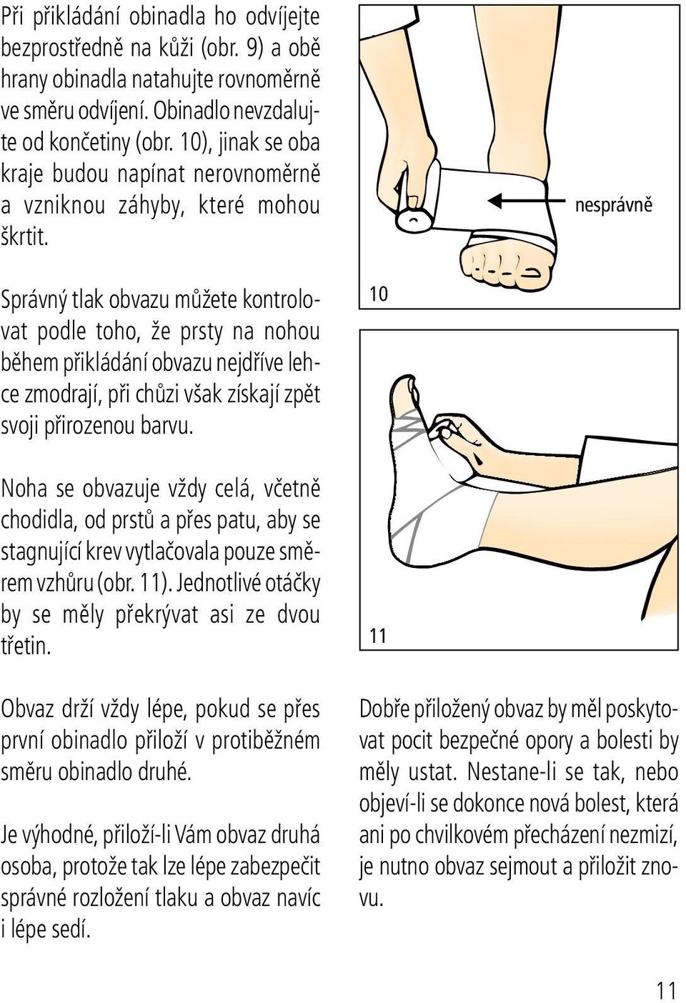 nesprávně Správný tlak obvazu můžete kontrolovat podle toho, že prsty na nohou během přikládání obvazu nejdříve lehce zmodrají, při chůzi však získají zpět svoji přirozenou barvu.