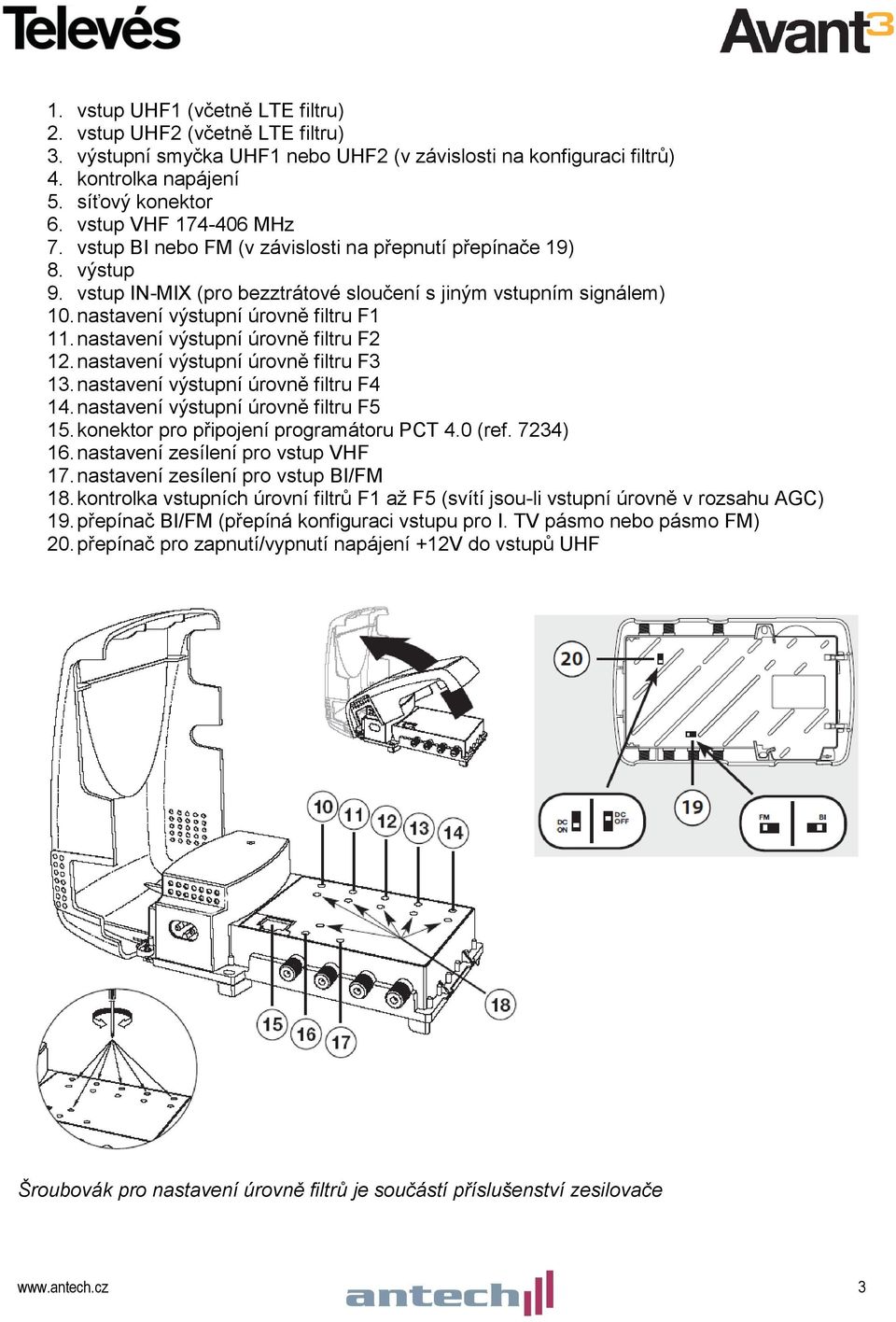 nastavení výstupní úrovně filtru F1 11. nastavení výstupní úrovně filtru F2 12. nastavení výstupní úrovně filtru F3 13. nastavení výstupní úrovně filtru F4 14. nastavení výstupní úrovně filtru F5 15.