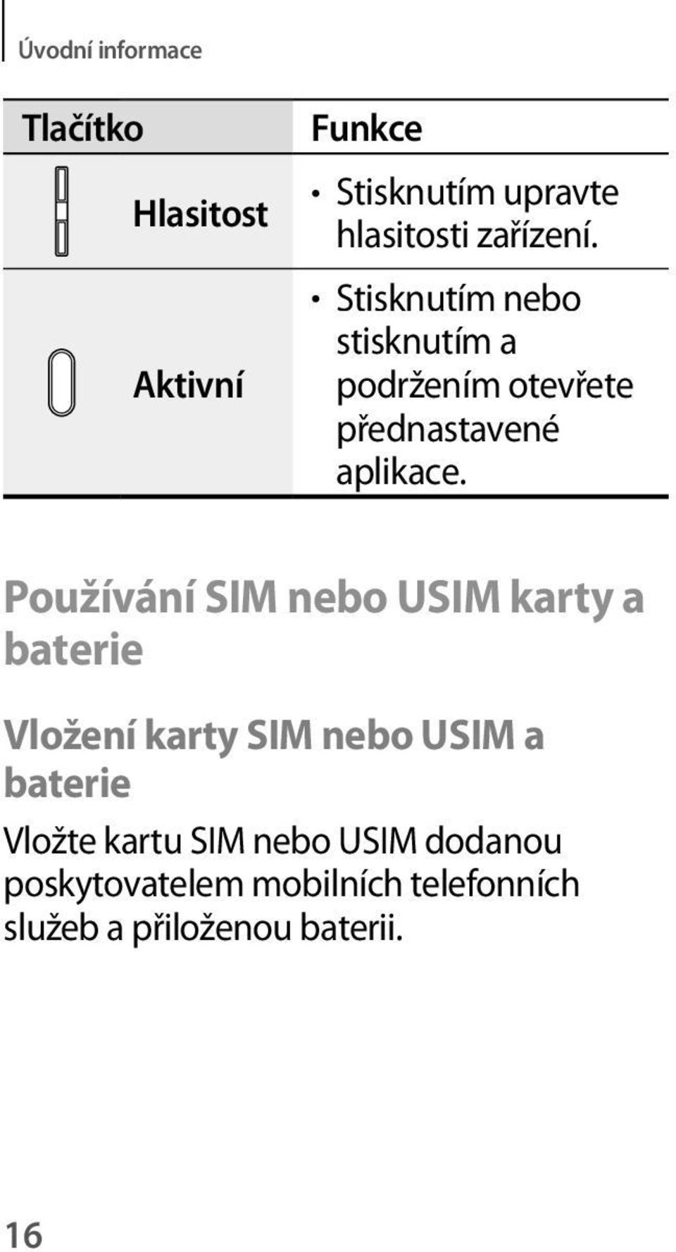 Používání SIM nebo USIM karty a baterie Vložení karty SIM nebo USIM a baterie Vložte