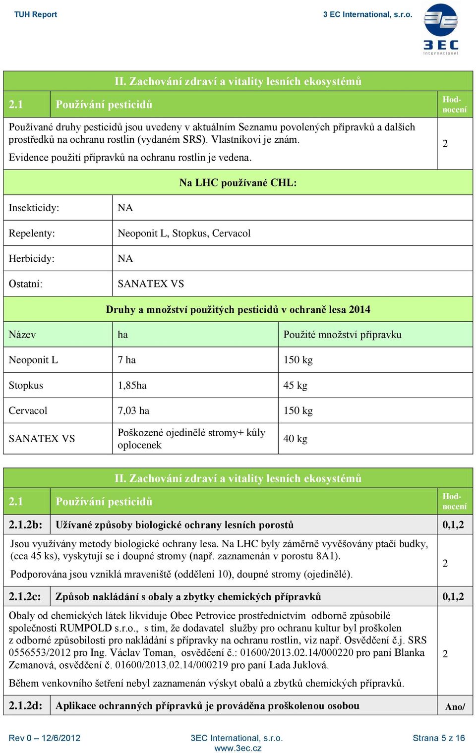 Na LHC používané CHL: Insekticidy: Repelenty: Herbicidy: Ostatní: NA oponit L, Stopkus, Cervacol NA SANATEX VS Druhy a množství použitých pesticidů v ochraně lesa 014 Název ha Použité množství