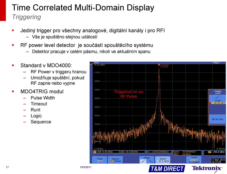 pracuje v celém pásmu, nikoli ve aktuálním spanu Standard v MDO4000: RF Power v triggeru hranou Umožňuje