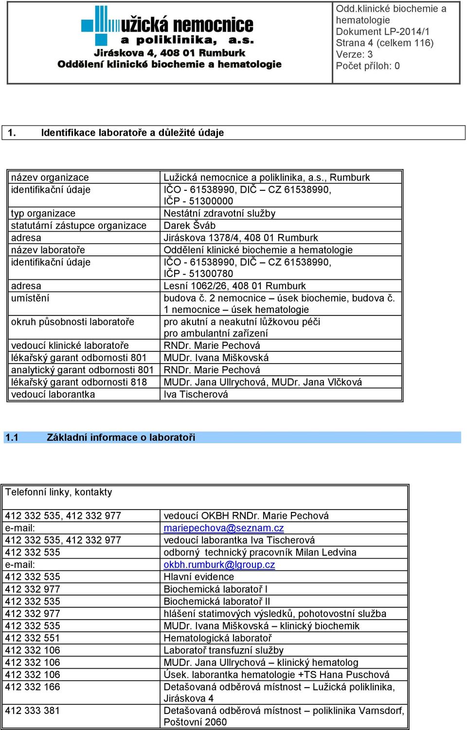 Rumburk název laboratoře Oddělení klinické biochemie a identifikační údaje IČO - 61538990, DIČ CZ 61538990, IČP - 51300780 adresa Lesní 1062/26, 408 01 Rumburk umístění budova č.