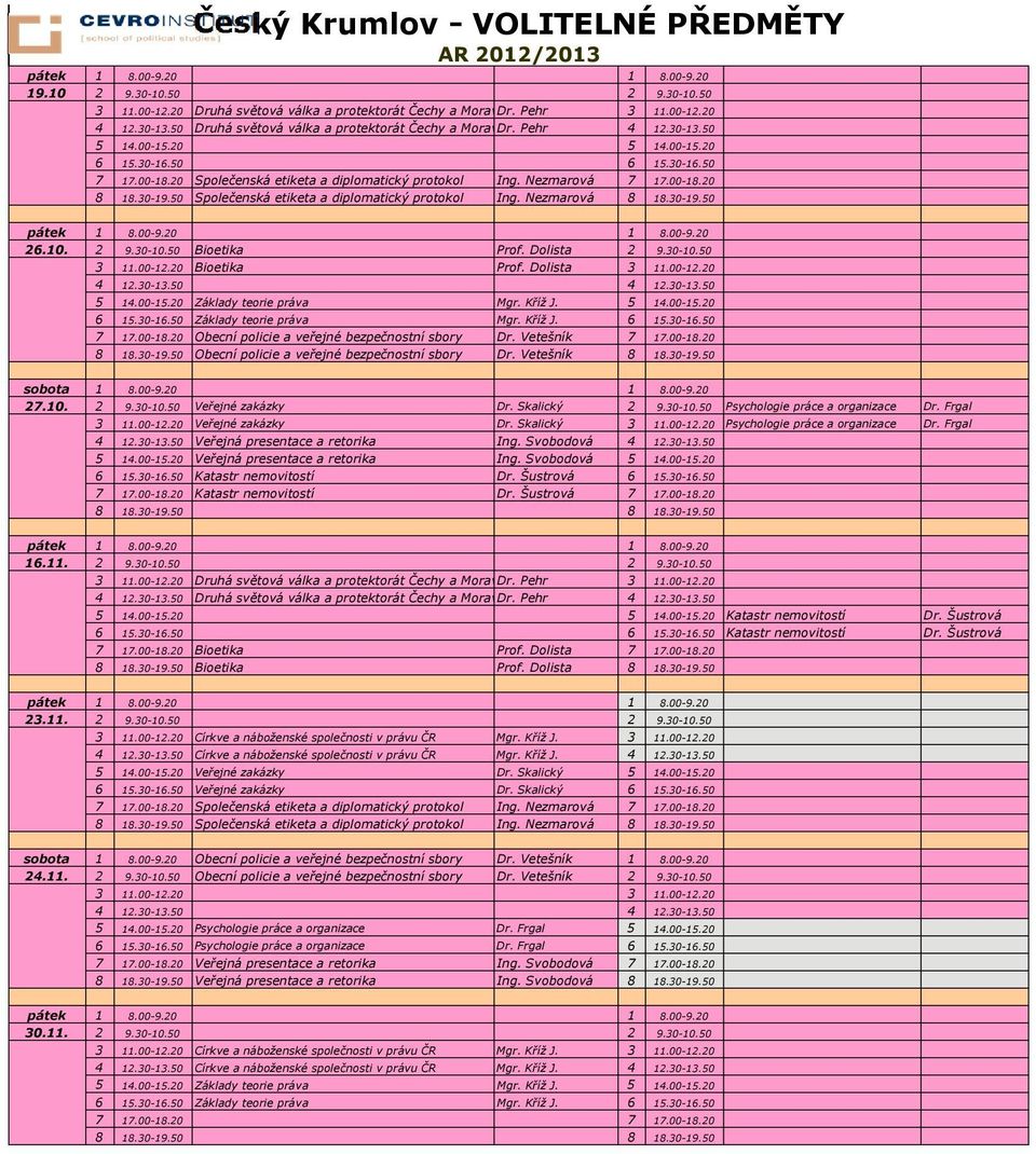 Nezmarová 7 17.00-18.20 8 18.30-19.50 Společenská etiketa a diplomatický protokol Ing. Nezmarová 8 18.30-19.50 pátek 1 8.00-9.20 1 8.00-9.20 26.10. 2 9.30-10.50 Bioetika Prof. Dolista 2 9.30-10.50 3 11.