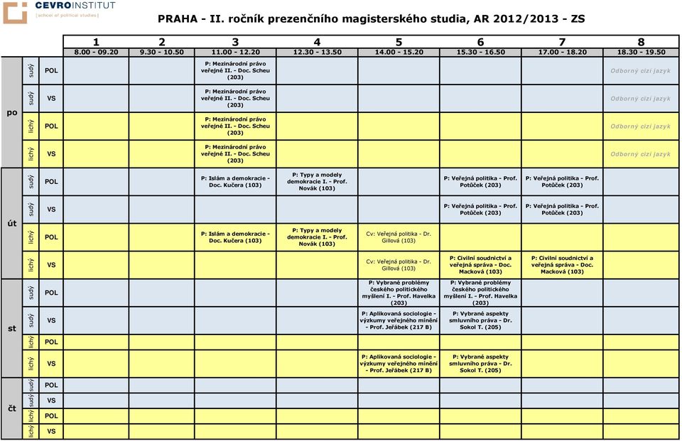 - Doc. Scheu (203) sudý P: Islám a demokracie - Doc. Kučera (103) P: Typy a modely demokracie I. - Prof. Novák (103) P: Veřejná politika - Prof. Potůček (203) P: Veřejná politika - Prof.