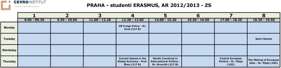 Jireš (217 B) Tuesday Sport Games Wendsday Thursday Current Issues in the Global Economy - Prof.