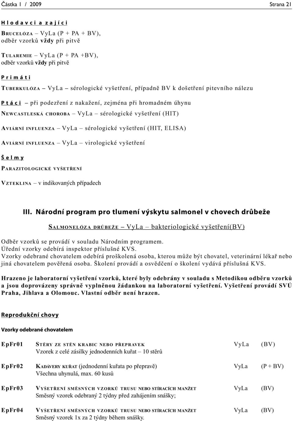 INFLUENZA VyLa sérologické vyšetření (HIT, ELISA) AVIÁRNÍ INFLUENZA VyLa virologické vyšetření Š e l m y PARAZITOLOGICKÉ VYŠETŘENÍ VZTEKLINA v indikovaných případech III.