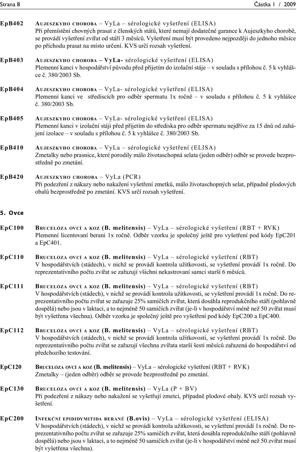 AUJESZKYHO CHOROBA VyLa- sérologické vyšetření (ELISA) Plemenní kanci v hospodářství původu před přijetím do izolační stáje v souladu s přílohou č. 5 k vyhlášce č. 380/2003 Sb.