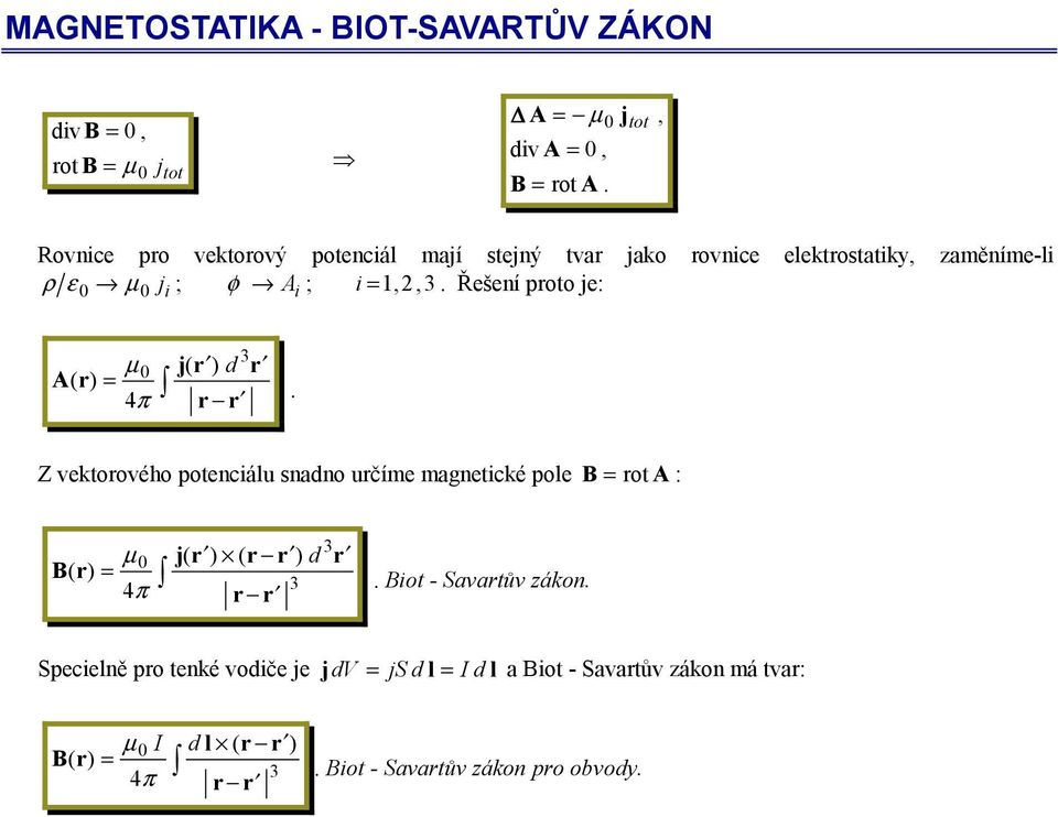 ) d Z vktoového potnciálu sndno učím mgntické pol ot A: µ ( ) 4π j ( ) ( ) d iot - Svtův ákon