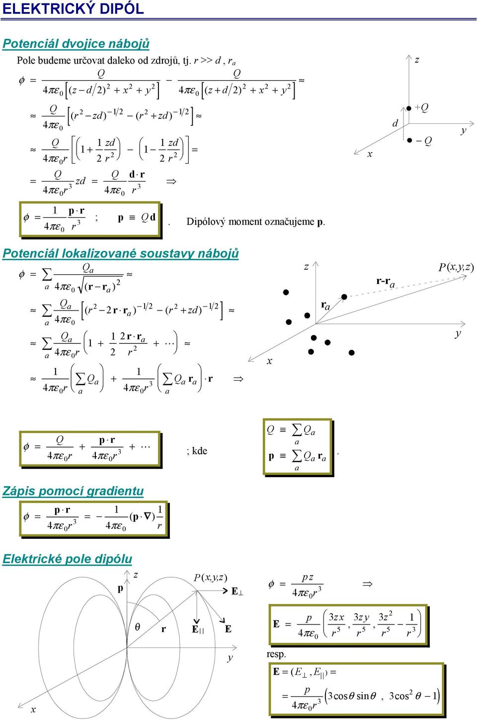 lokliovné soustv nábojů φ ( ) [( ) ( d) ] πε 4 πε 4 " - P(,,) p φ " ; kd p Zápis