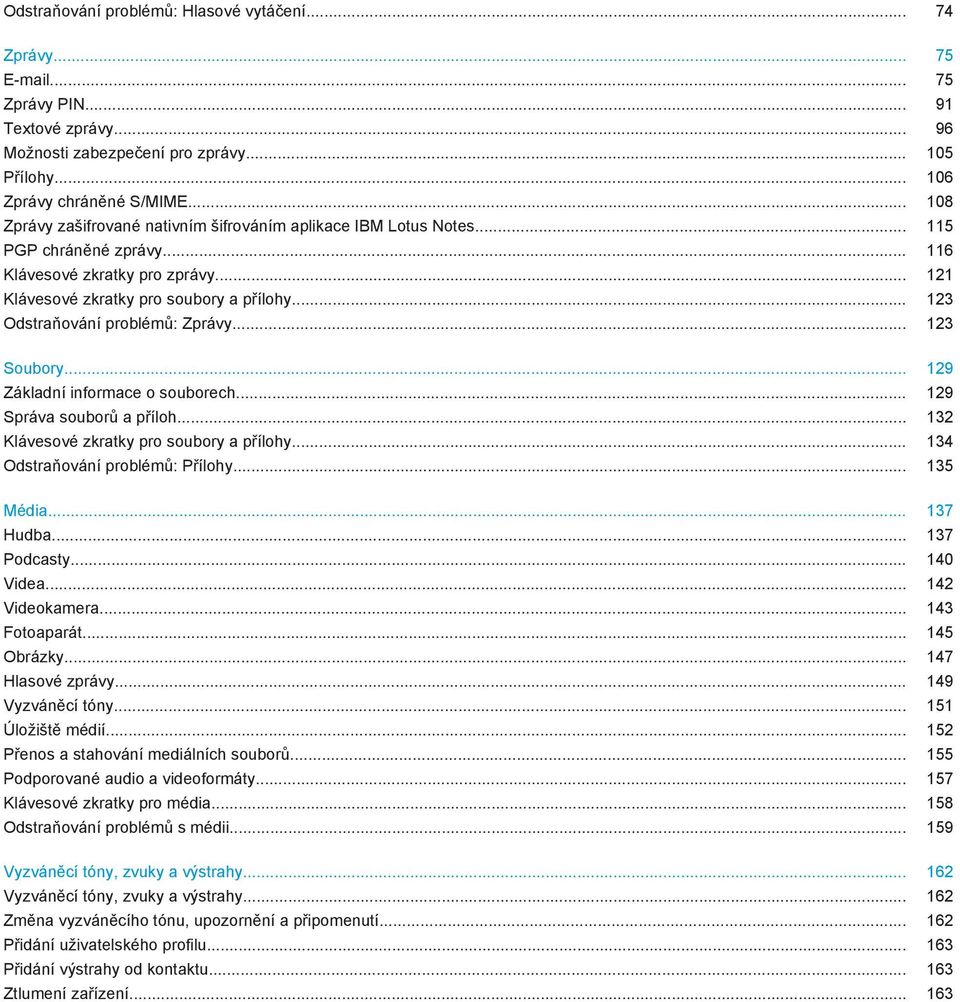 .. 123 Odstraňování problémů: Zprávy... 123 Soubory... 129 Základní informace o souborech... 129 Správa souborů a příloh... 132 Klávesové zkratky pro soubory a přílohy.