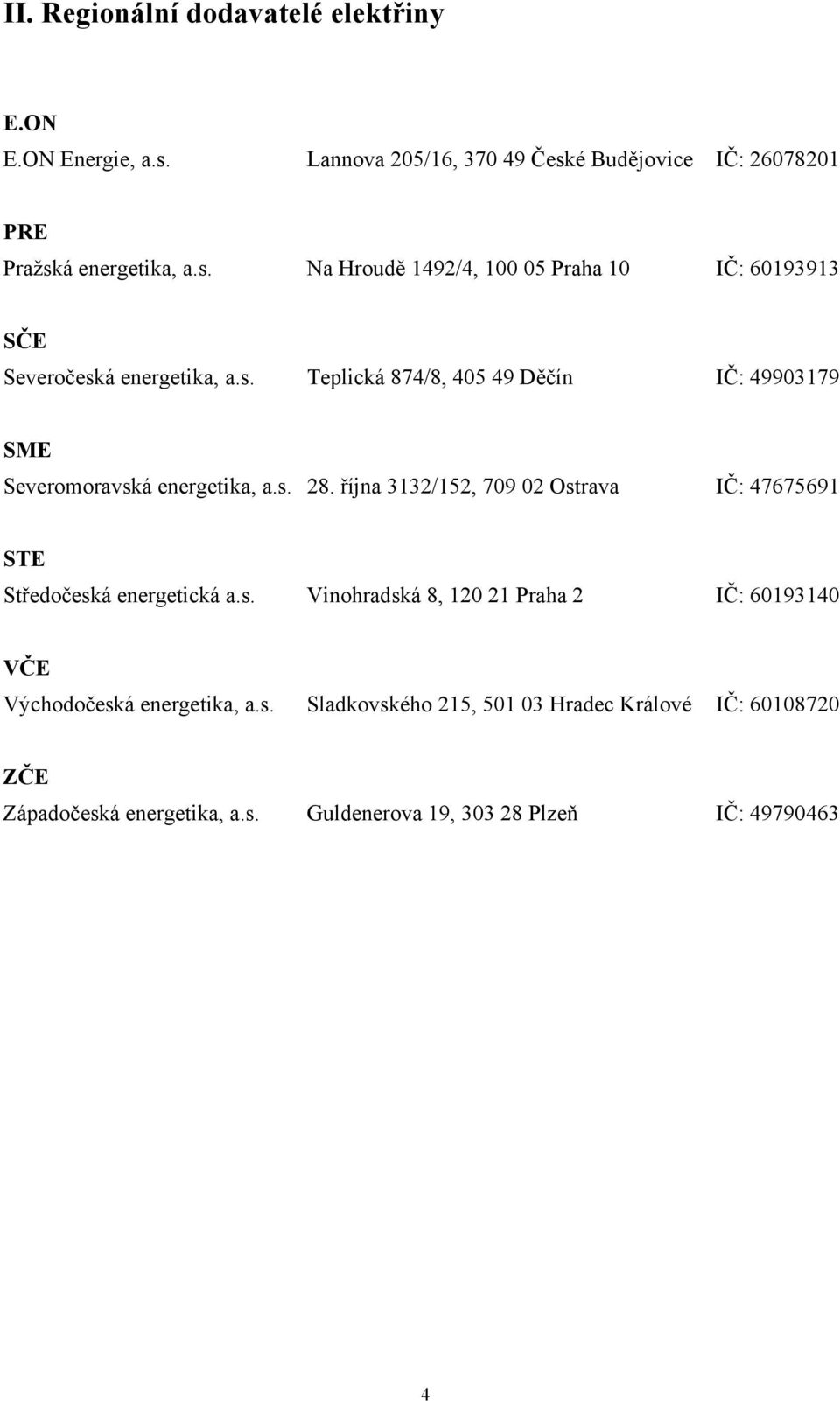 října 3132/152, 709 02 Ostrava IČ: 47675691 STE Středočeská energetická a.s. Vinohradská 8, 120 21 Praha 2 IČ: 60193140 VČE Východočeská energetika, a.