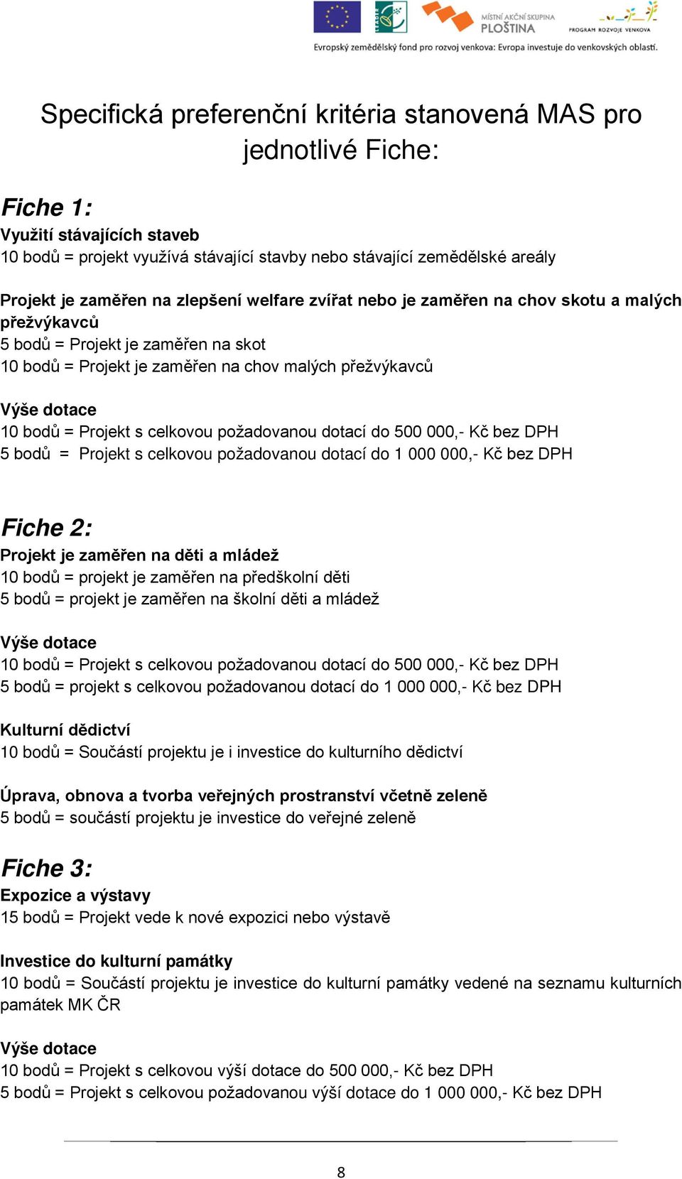 požadovanou dotací do 500 000,- Kč bez DPH 5 bodů = Projekt s celkovou požadovanou dotací do 1 000 000,- Kč bez DPH Fiche 2: Projekt je zaměřen na děti a mládež 10 bodů = projekt je zaměřen na