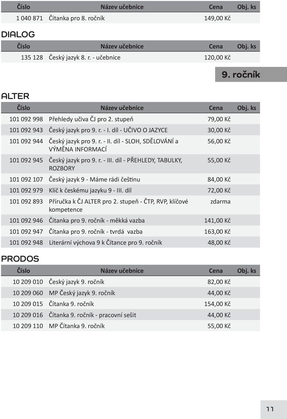 díl - PŘEHLEDY, TABULKY, 55,00 Kč ROZBORY 101 092 107 Český jazyk 9 - Máme rádi češtinu 84,00 Kč 101 092 979 Klíč k českému jazyku 9 - III. díl 72,00 Kč 101 092 893 Příručka k ČJ ALTER pro 2.