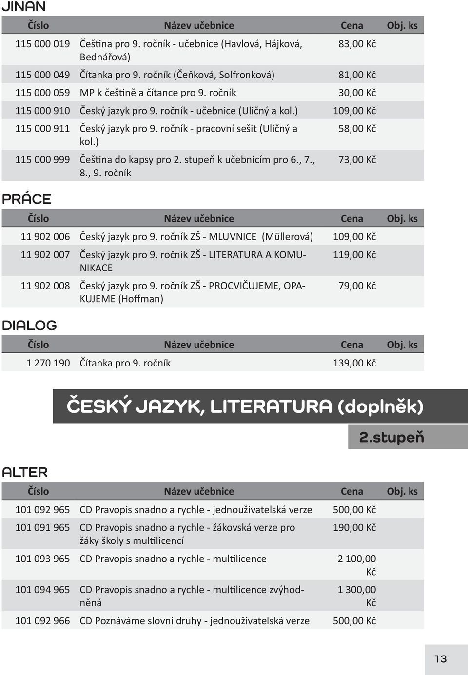 ) 115 000 999 Čeština do kapsy pro 2. stupeň k učebnicím pro 6., 7., 8., 9. ročník 73,00 Kč PRÁCE 11 902 006 Český jazyk pro 9. ročník ZŠ - MLUVNICE (Müllerová) 109,00 Kč 11 902 007 Český jazyk pro 9.