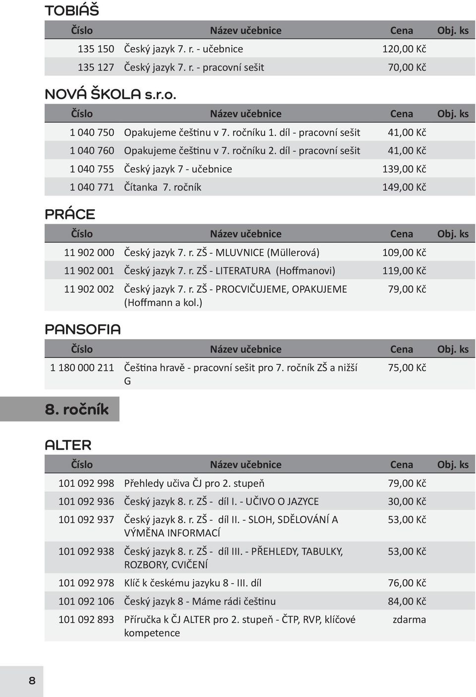 ročník 149,00 Kč PRÁCE 11 902 000 Český jazyk 7. r. ZŠ - MLUVNICE (Müllerová) 109,00 Kč 11 902 001 Český jazyk 7. r. ZŠ - LITERATURA (Hoffmanovi) 119,00 Kč 11 902 002 Český jazyk 7. r. ZŠ - PROCVIČUJEME, OPAKUJEME 79,00 Kč (Hoffmann a kol.