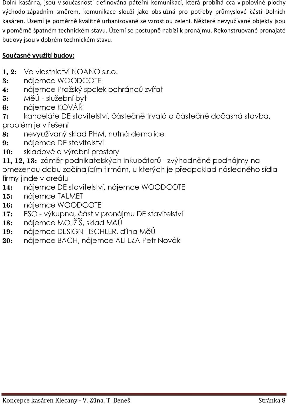 Rekonstruované pronajaté budovy jsou v dobrém technickém stavu. Současné využití budov: 1, 2: Ve vlastnictví NOANO s.r.o. 3: nájemce WOODCOTE 4: nájemce Pražský spolek ochránců zvířat 5: MěÚ -