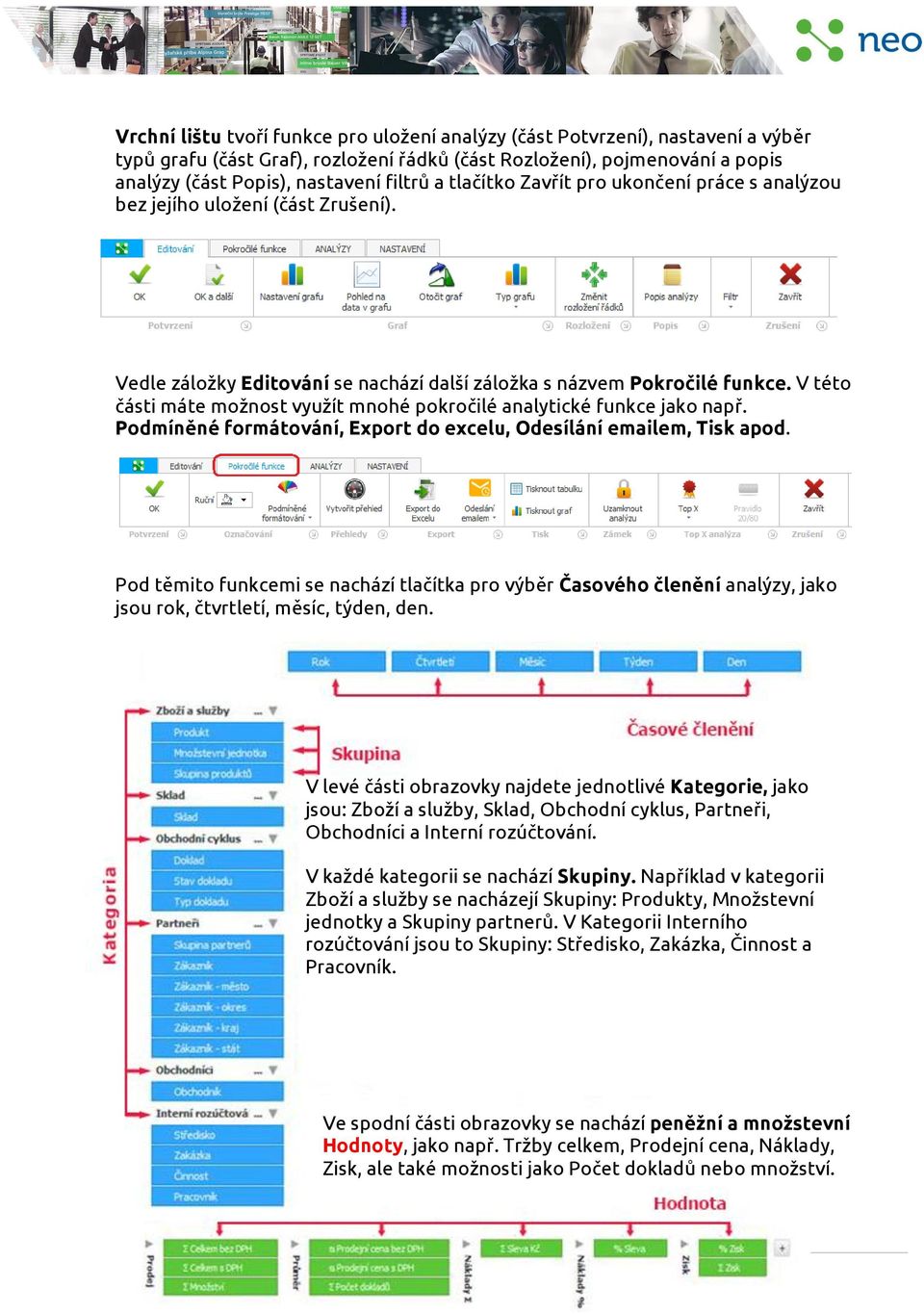 V této části máte možnost využít mnohé pokročilé analytické funkce jako např. Podmíněné formátování, Export do excelu, Odesílání emailem, Tisk apod.