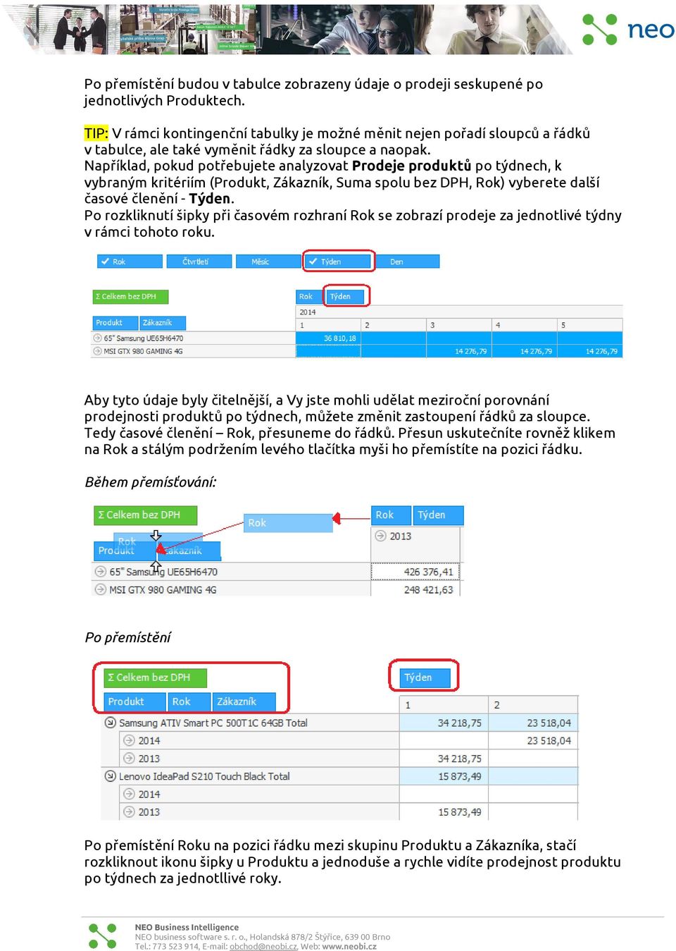 Například, pokud potřebujete analyzovat Prodeje produktů po týdnech, k vybraným kritériím (Produkt, Zákazník, Suma spolu bez DPH, Rok) vyberete další časové členění - Týden.