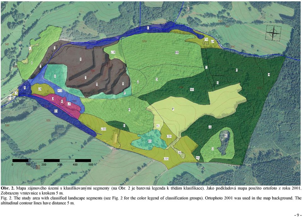 Zobrazeny vrstevnice s krokem 5 m. Fig. 2. The study area with classified landscape segments (see Fig.