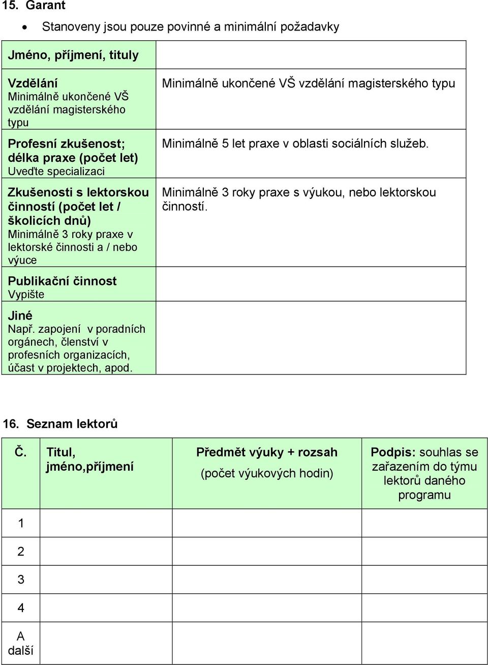 zapojení v poradních orgánech, členství v profesních organizacích, účast v projektech, apod. Minimálně ukončené VŠ vzdělání magisterského typu Minimálně 5 let praxe v oblasti sociálních služeb.