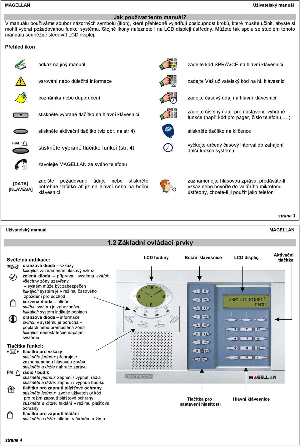 Přehled ikon odkaz na jiný manuál zadejte kód SPRÁVCE na hlavní klávesnici varování nebo důležitá informace zadejte Váš uživatelský kód na hl.