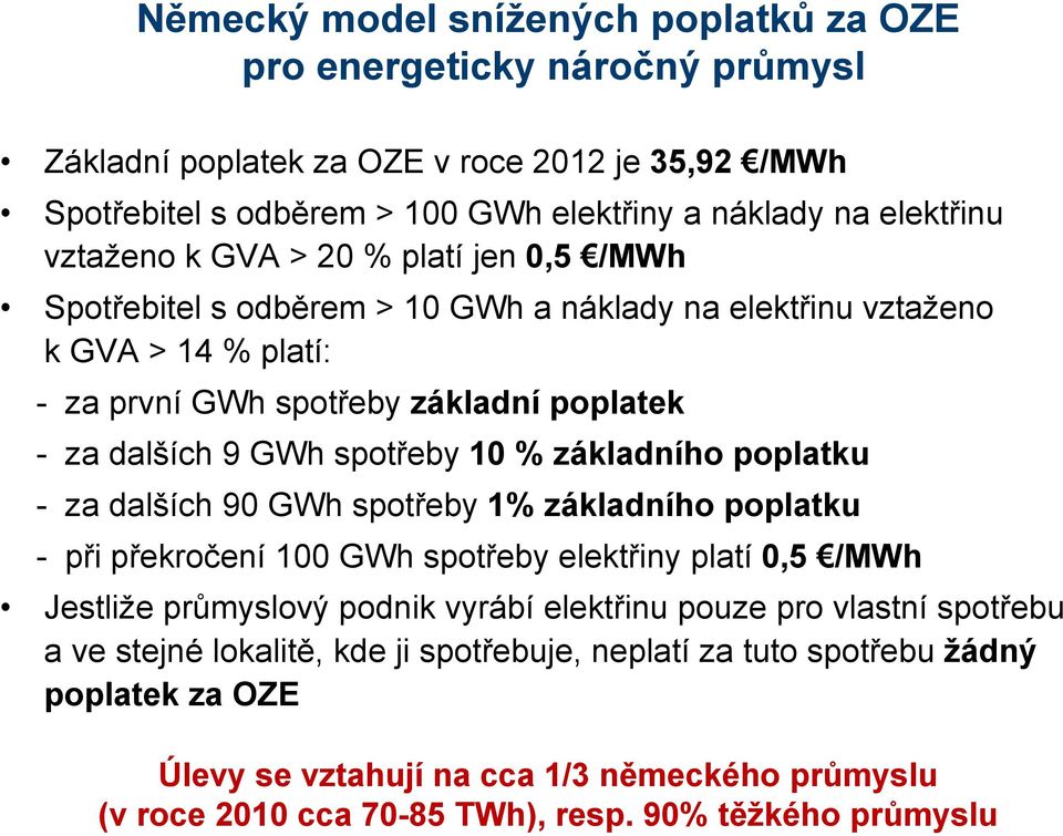 10 % základního poplatku - za dalších 90 GWh spotřeby 1% základního poplatku - při překročení 100 GWh spotřeby elektřiny platí 0,5 /MWh Jestliže průmyslový podnik vyrábí elektřinu pouze pro