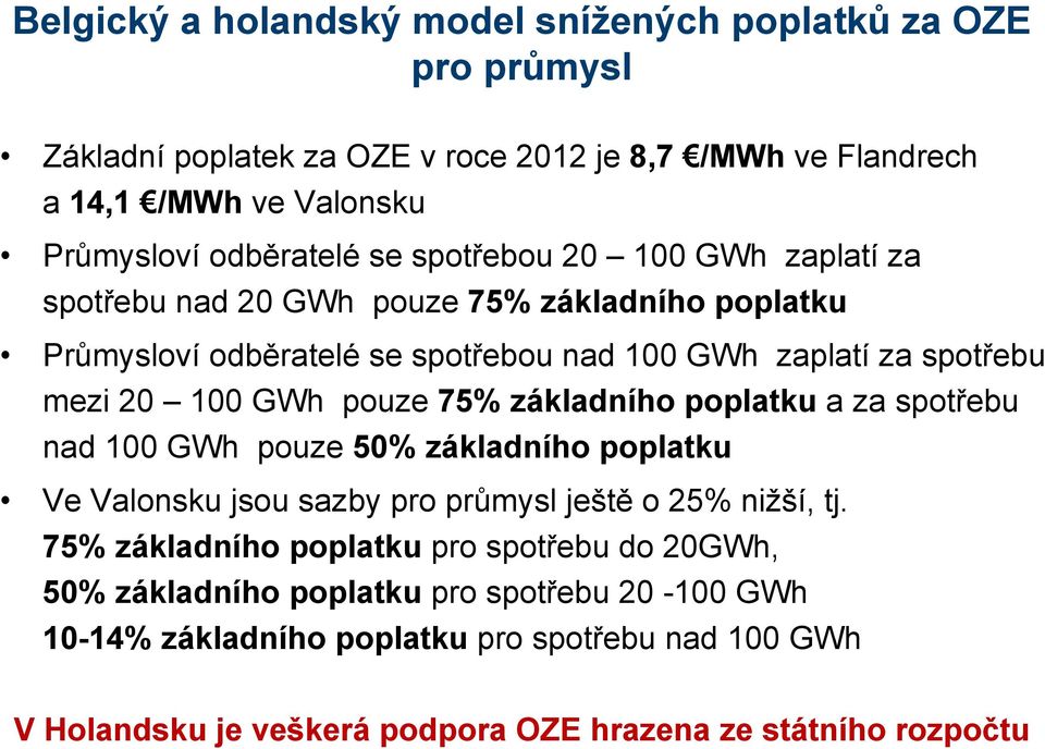 75% základního poplatku a za spotřebu nad 100 GWh pouze 50% základního poplatku Ve Valonsku jsou sazby pro průmysl ještě o 25% nižší, tj.