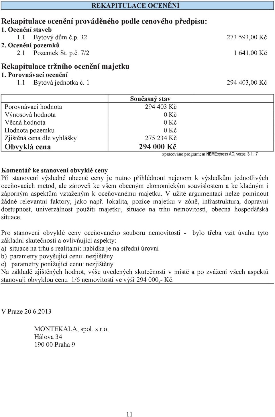 1 294 403,00 K Porovnávací hodnota Výnosová hodnota Vcná hodnota Hodnota pozemku Zjištná cena dle vyhlášky Obvyklá cena Souasný stav 294 403 K 0 K 0 K 0 K 275 234 K 294 000 K zpracováno programem