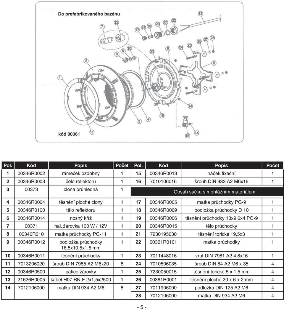 materiálem 4 00346R0004 těsnění ploché clony 1 17 00346R0005 matka průchodky PG-9 1 5 00346R0100 tělo refl ektoru 1 18 00346R0009 podložka průchodky D 10 1 6 00346R0014 nosný kříž 1 19 00346R0006