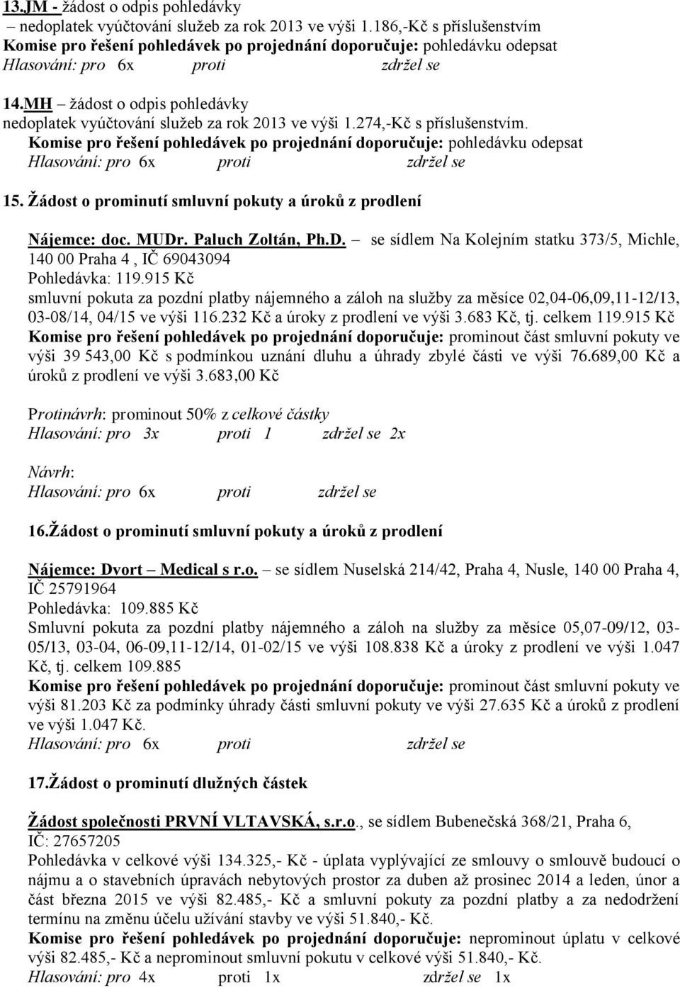 Žádost o prominutí smluvní pokuty a úroků z prodlení Nájemce: doc. MUDr. Paluch Zoltán, Ph.D. se sídlem Na Kolejním statku 373/5, Michle, 140 00 Praha 4, IČ 69043094 Pohledávka: 119.